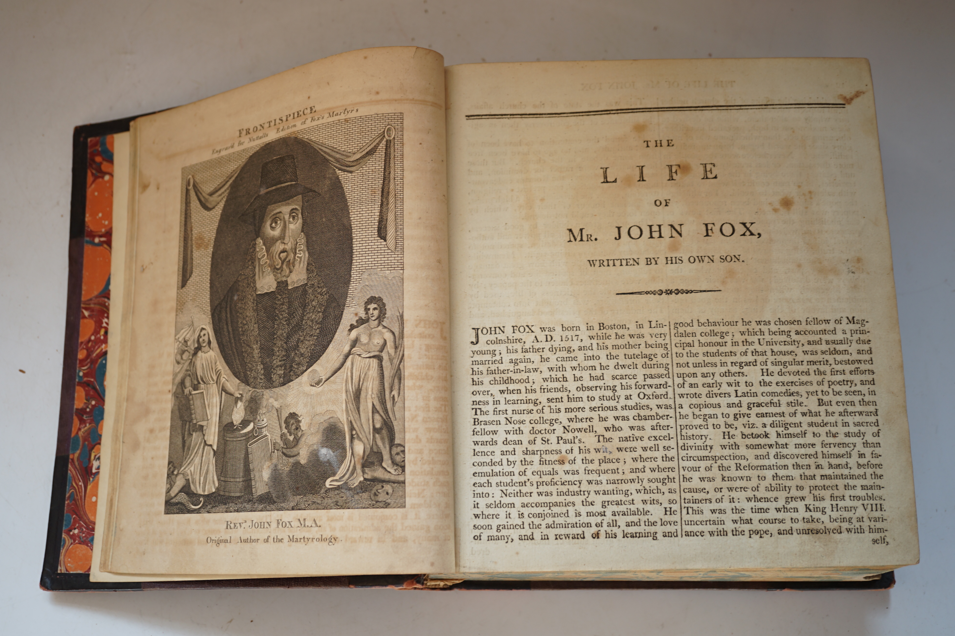 The Book of Martyrs, or, Christian Martyrology…including every important relation in Fox’s Book of Martyrs…, 2 vols in 1, 20 engraved plates, repairs and some loss to pp. 13-16half red morocco, printed by J. Nuttall, Liv